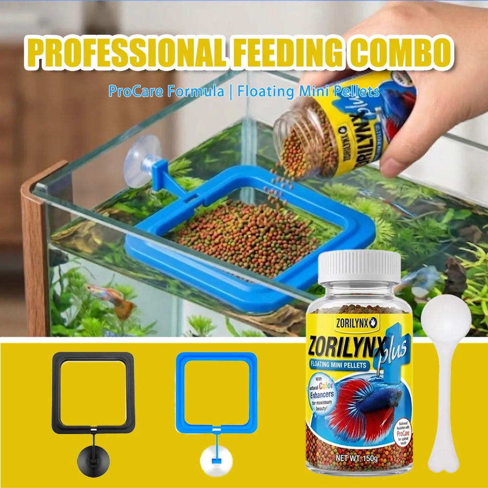 150G Betta Fish Food Floating Pellets with Square Feeding Ring Aquarium Fish Tank Tropical Fish Diet Kit Set ZORILYNX Plus