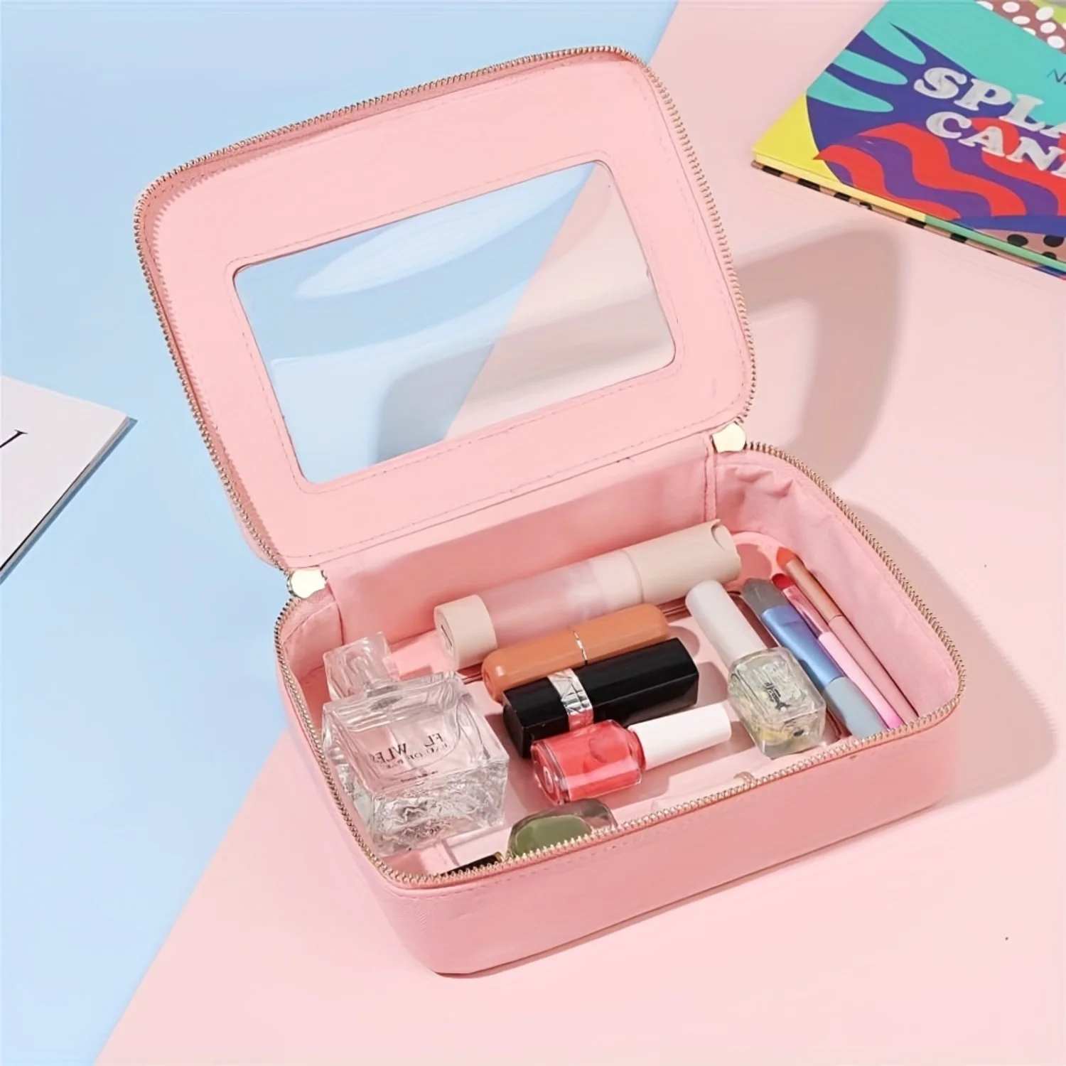 

Fashionable Minimalist Solid Color Makeup Bag with Clear View Window - Ultra-Lightweight, Zippered Toiletry & Wash Bag for Effor
