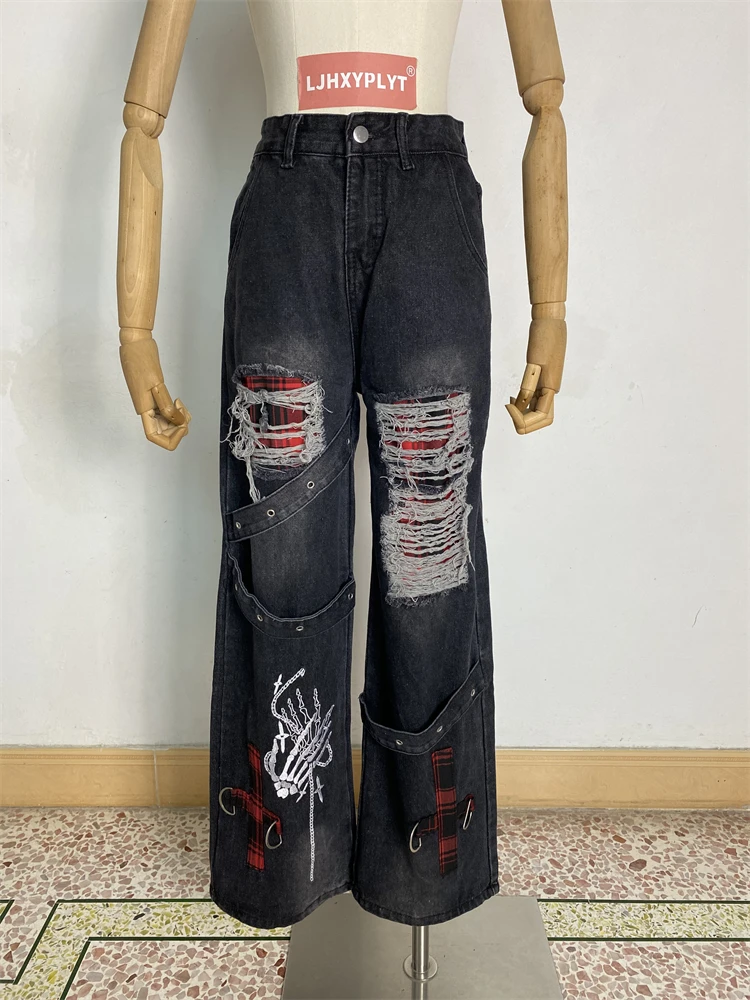 

Women's Red Grid Splicing Holes Wide Leg Punk Street Jeans Unisex Style Trousers Casual Bottoms Female High Waist Denim Pants
