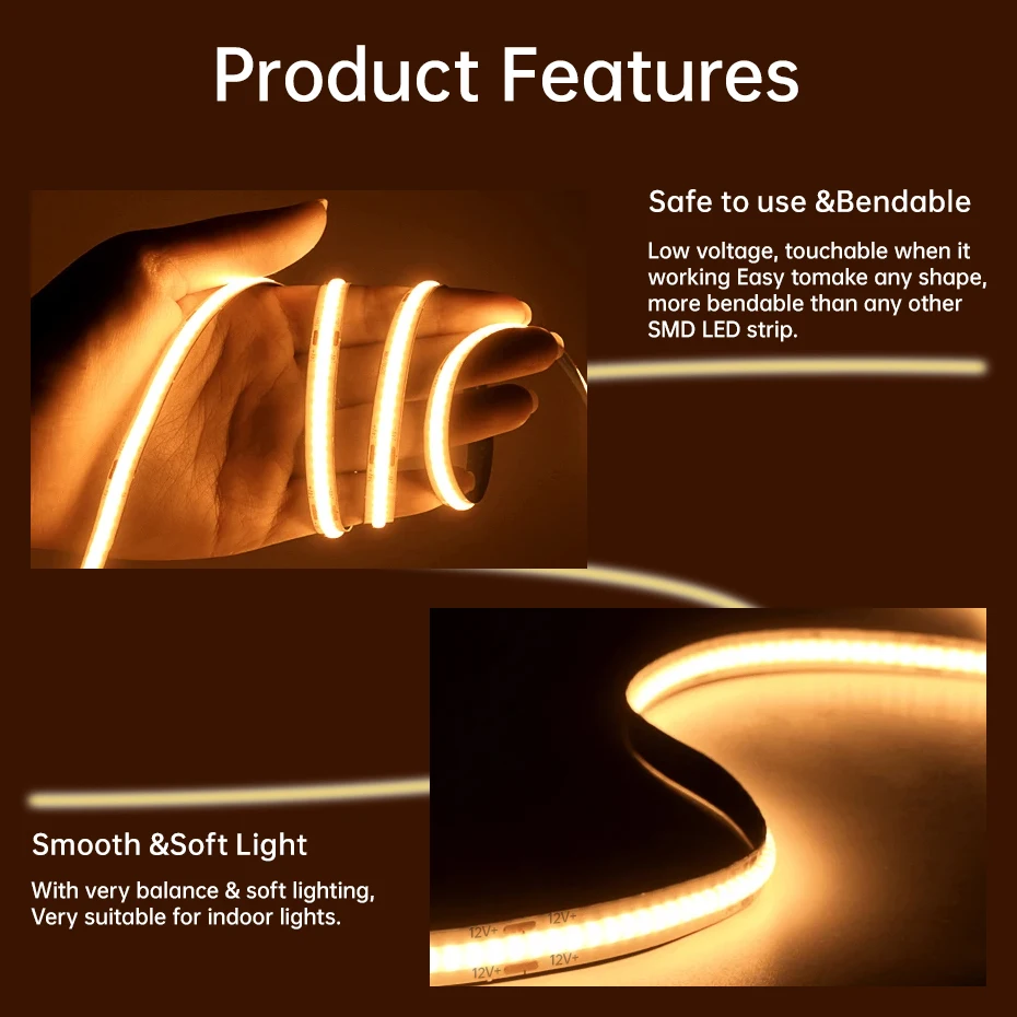 12V Ultra-Thin COB LED Strip 320LEDs/m 0.5m-5m Dimmable Tape with Bluetooth/3-Key Control for Home DIY Lighting Applications