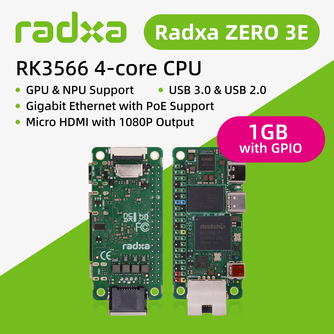 Radxa Zero 3e Rk3566 4-Core Cpu Sbc, Gpu, Npu, Hdmi Met 1080P Output, En Gigabit Ethernet, Single Board Computer