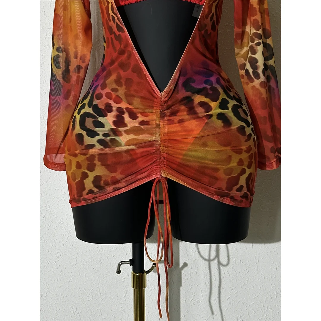 Leopard-Bikini mit langen Ärmeln, Damen-Badeanzug, dreiteiliges Bikini-Set, Damen-Badebekleidung, Badeanzug, Schwimmbekleidung V7608 – Detail 7