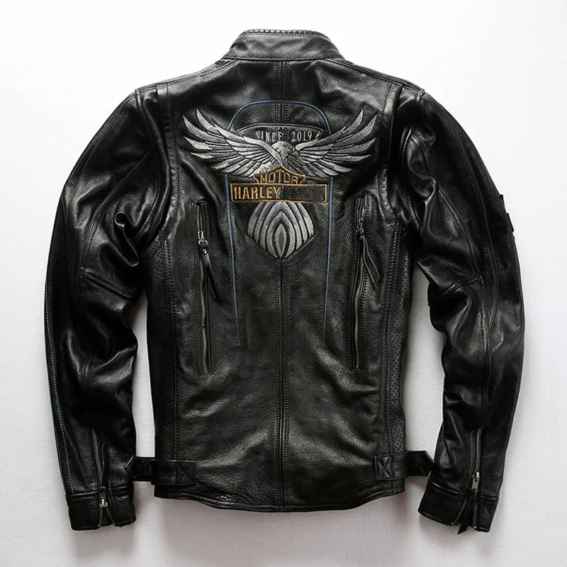 Black First Layer Cowhide Men's Motorcycle Jacket Embroidered Leather Stand Collar Windproof Coat Men Cycling Jackets