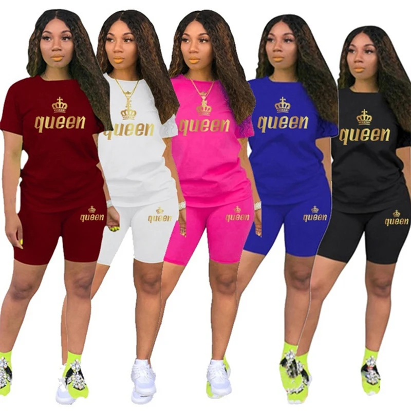 Newest Queen Printed Women Solid Sport Quick Dry T Shirt Set Casual Two Piece Set Short Sleeve Tee Top Biker Shorts