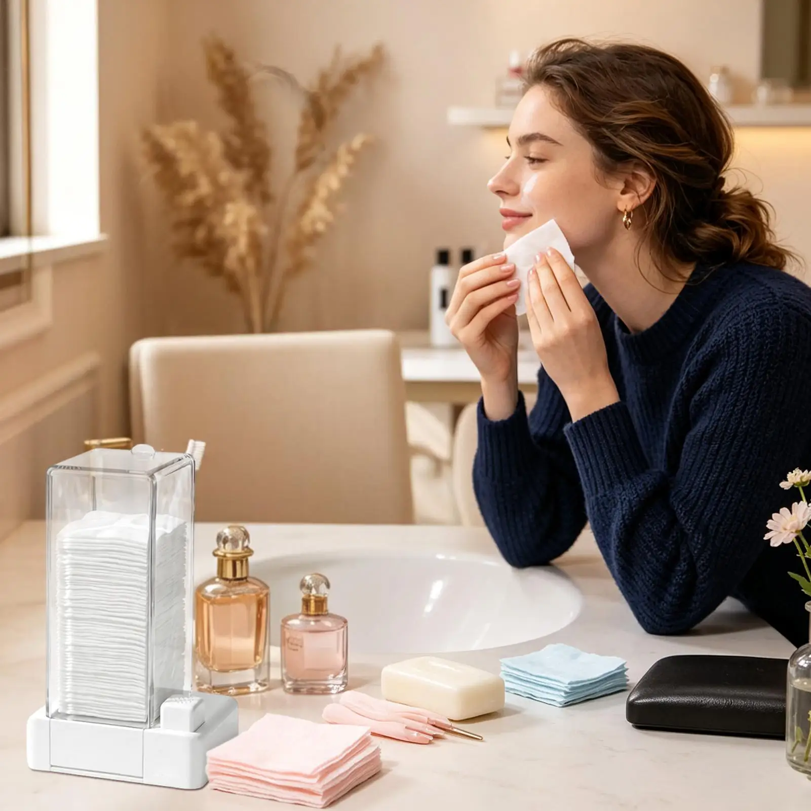 Cotton Pad Dispenser Automatic Clear Makeup Remover Canister Press Out Cotton Round Container For Bathroom Vanity Counter