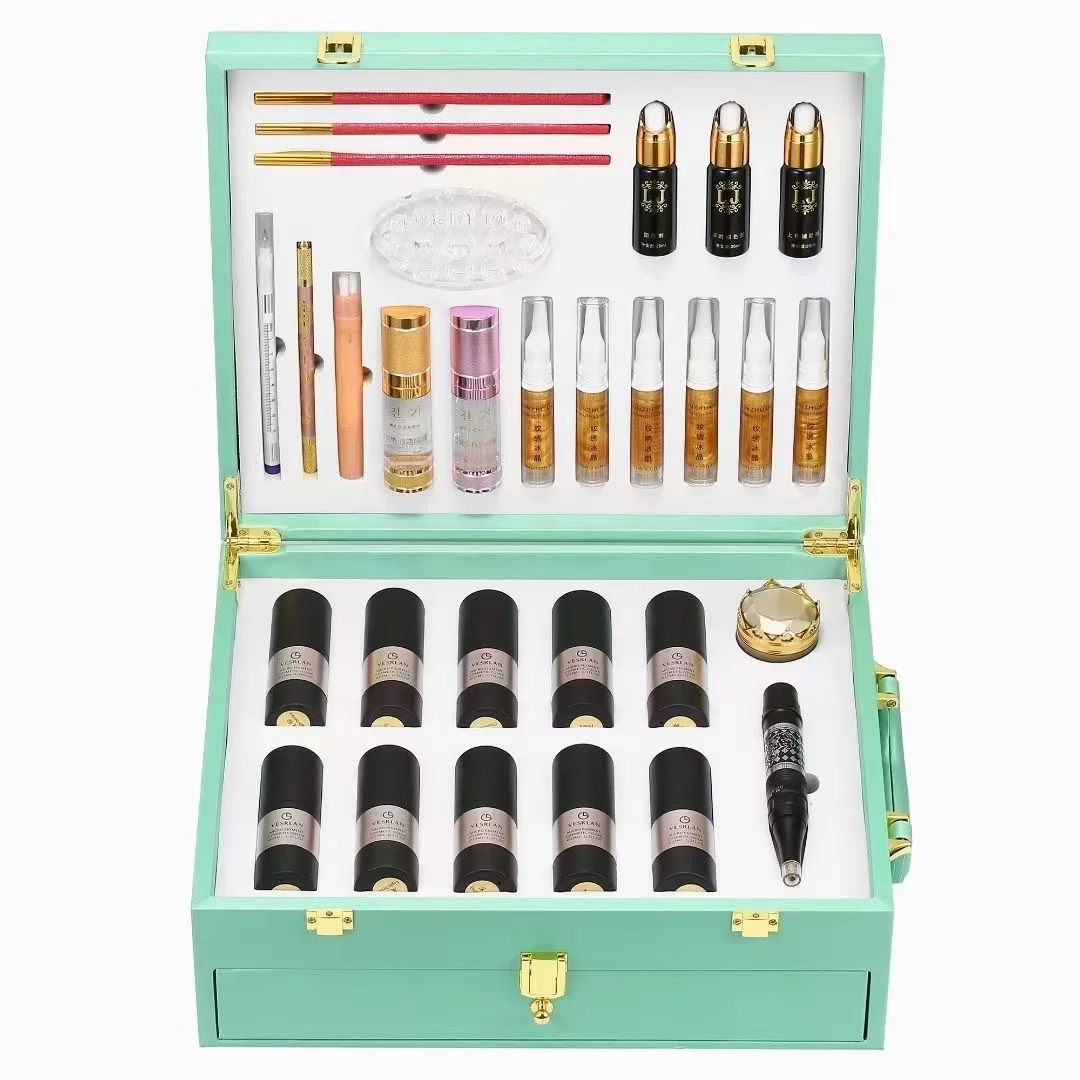 Permanent Makeup Machine Pen Kit with Tattoo Ink Cup Holder Eyebrow Ruler Pencil Tattoo Needles Tips Eyebrow Microblading Set