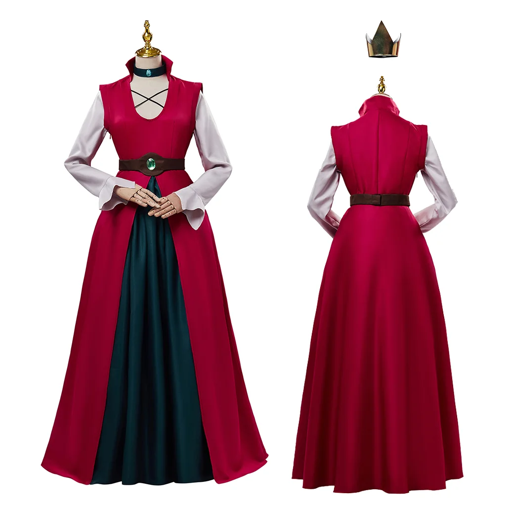 Disenchantment Queen Dagmar Cosplay Costume Retro Burgundy Long Sleeve Robe Wearing Crown Queen Costume