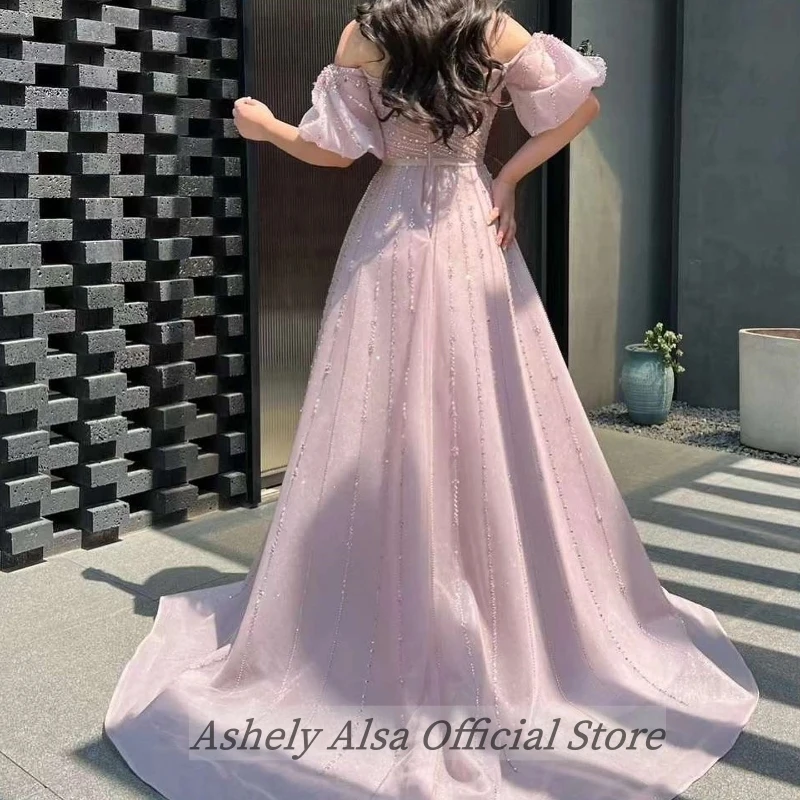 Customized Light Pink Women Evening Dress With Skirt Off Shoulder Beading Floor Length Formal Occasion Dress Party Pageant Gown