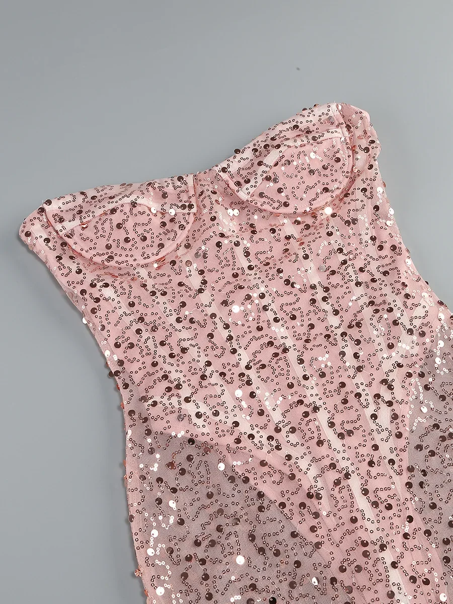 2024 Women Celebrity Sexy Strapless Backless Mesh Sequins Pink Maxi Long Gowns Dress Elegant Evening Party Club Dress Vestido