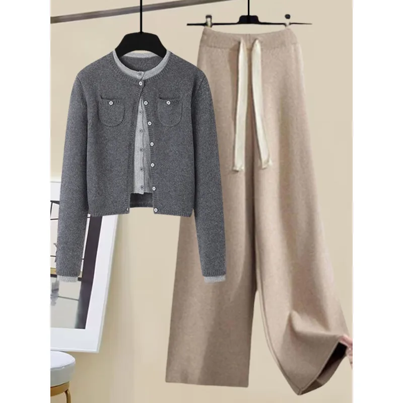 Autumn And Winter High Quality Pants Sets For Women Temperament Casual Korea Patchwork Sweater+high Waist Pants Set Clothing