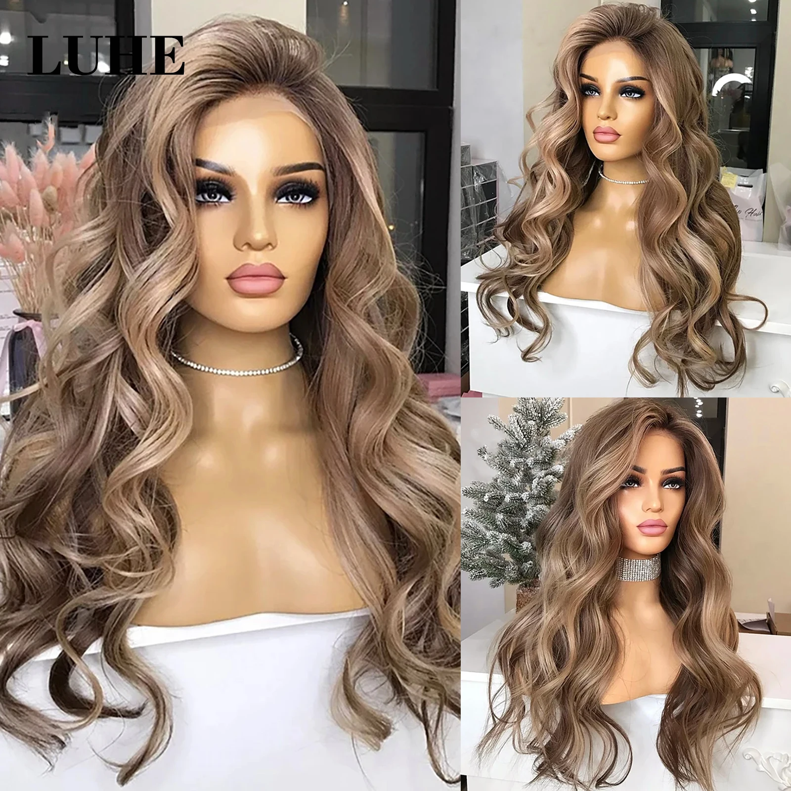 30 Polegada longo ondulado ombre cinza marrom cabelo sintético perucas dianteiras do laço para as mulheres cinza loira destaque 13x3 peruca frontal do laço uso diário