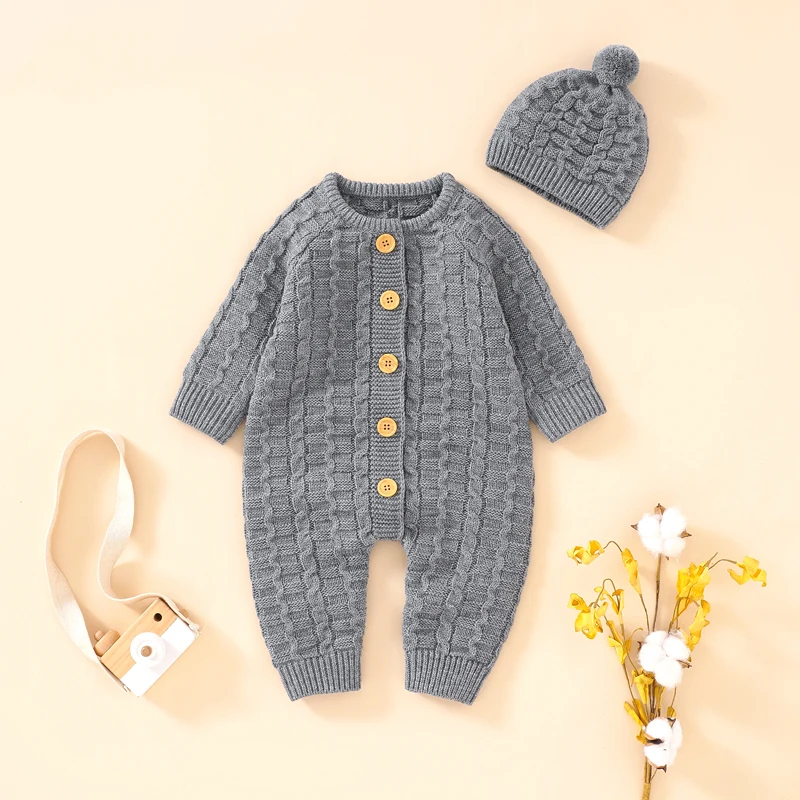 

Baby Romper Newborn Long Sleeve Toddler Children Clothing Hat Fashion Solid Onesies Infant Boy Girl Jumpsuit Outfits Knit Autumn