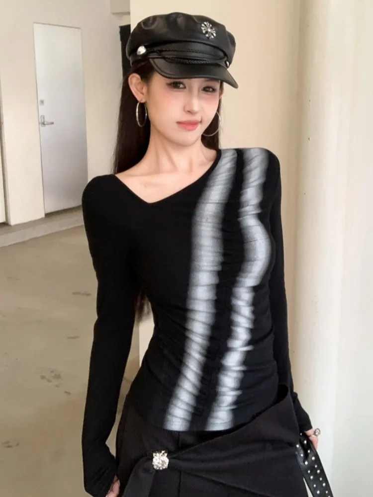 

Retro Irregular Color Block Shoulder Baring Long Sleeve Women's Slim Fit Base Shirt Design Sense Inner Wear T-Shirt Top