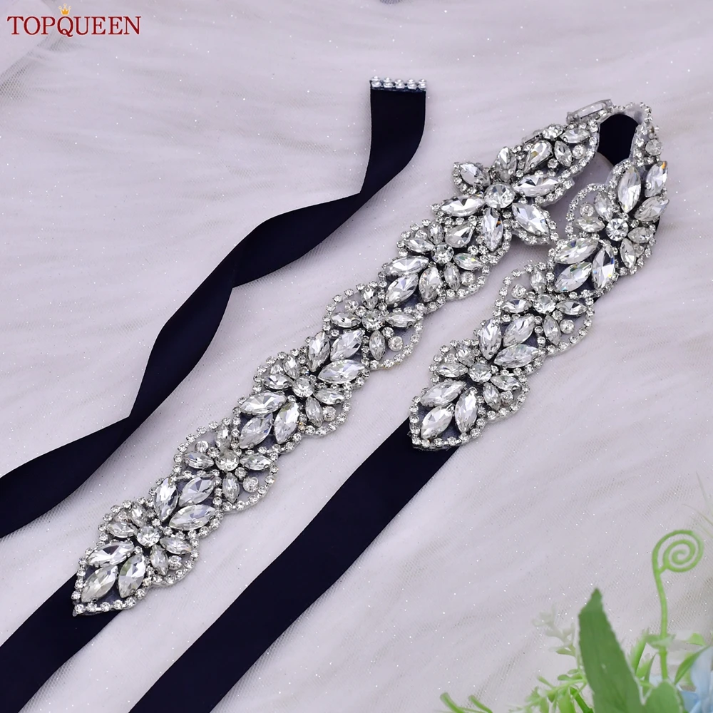 TOPQUEEN S21 Silver Rhinestone Bride Wedding Dress Ribbon Belts Bridal Women\'s Sash Sparkly Crystal Decorative Adult Party Dress