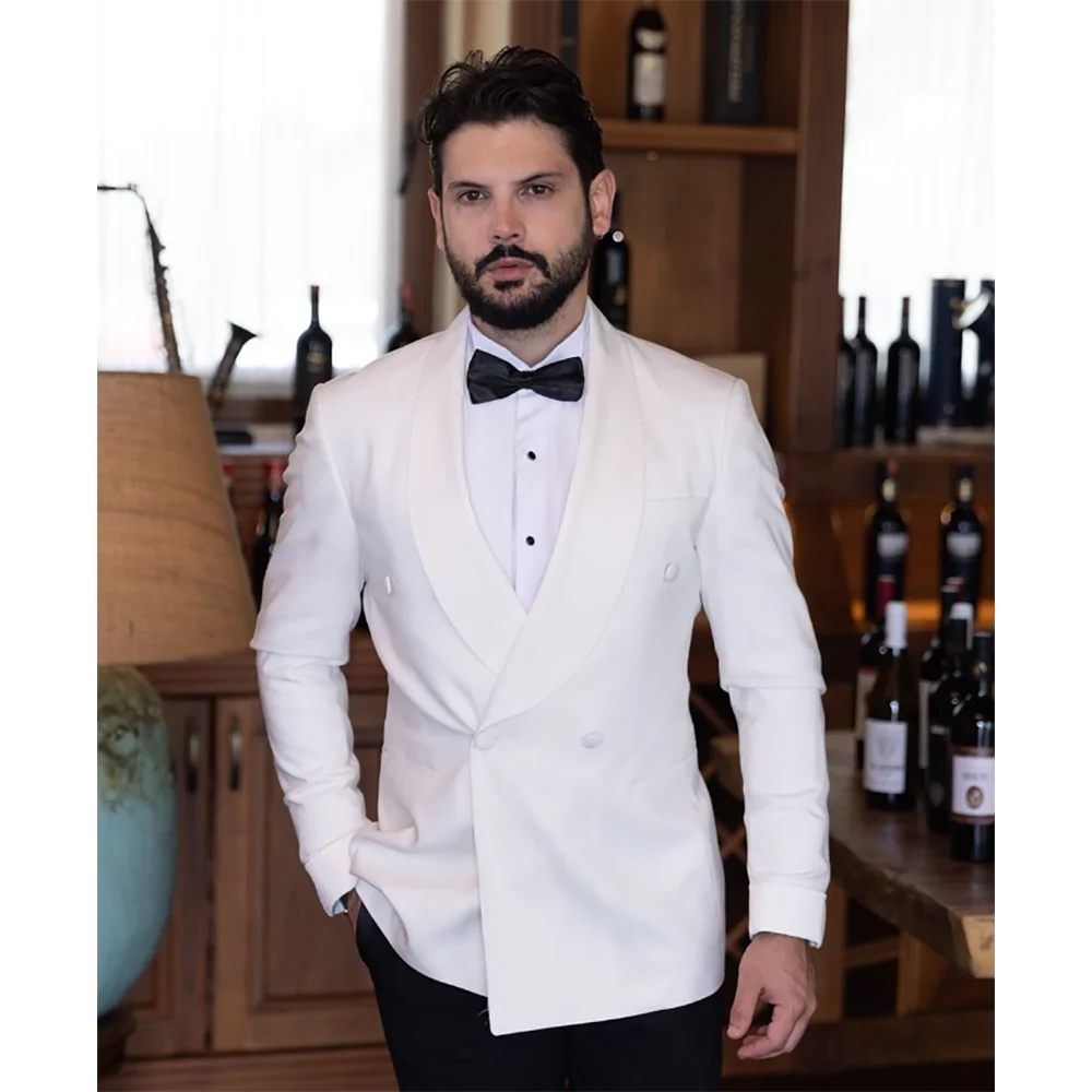 

Double Breasted Blazer Slim Men's Suit 2 Pieces Peak Lapel Set Daily Fashion Male White Jacket+Black Pants