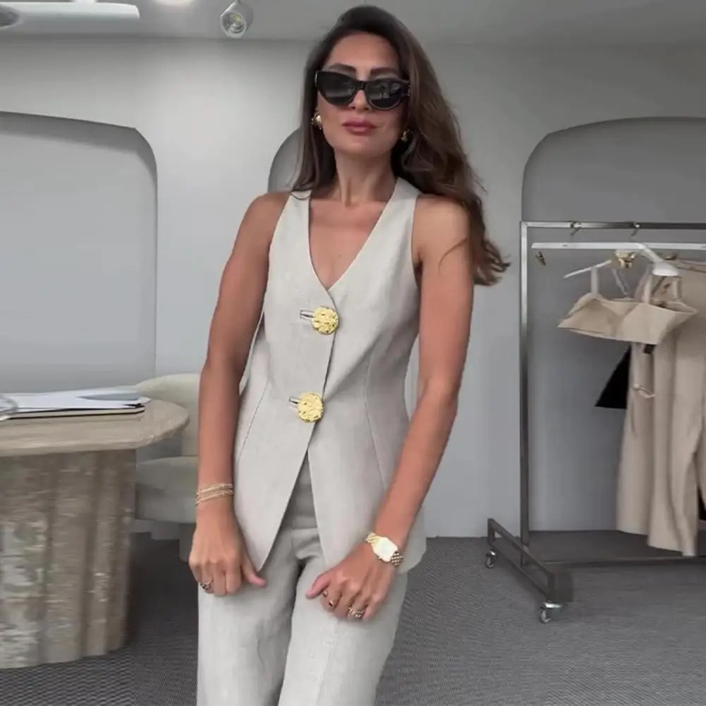 

Two Piece Office Outfit Woman 2025 Summer Pant Sets Linen Blend Women's Suits V Neck Waistcoat + Wide Leg Long Pants