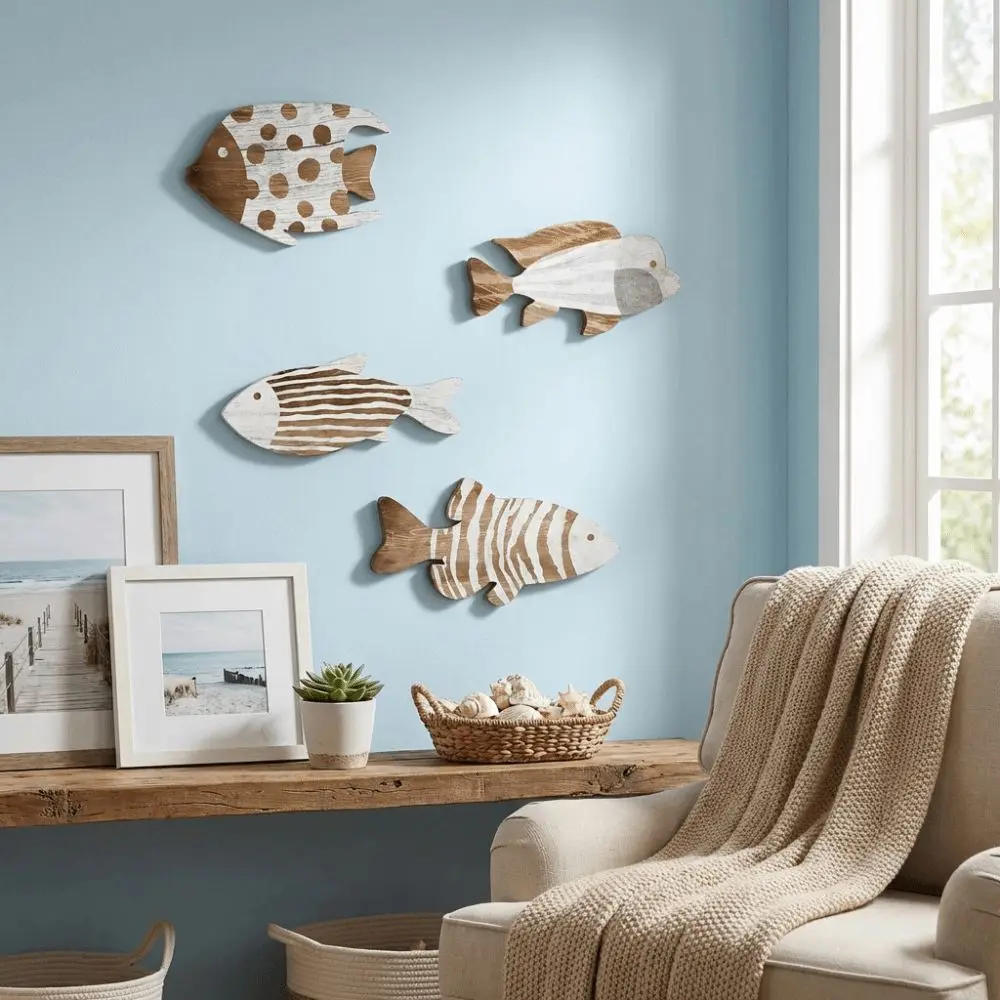 Marine Style Wooden Fish Wall Decor School of Fish Ocean Theme Fish Hanging Decor Handcrafted Rustic Carving Fish Pendant