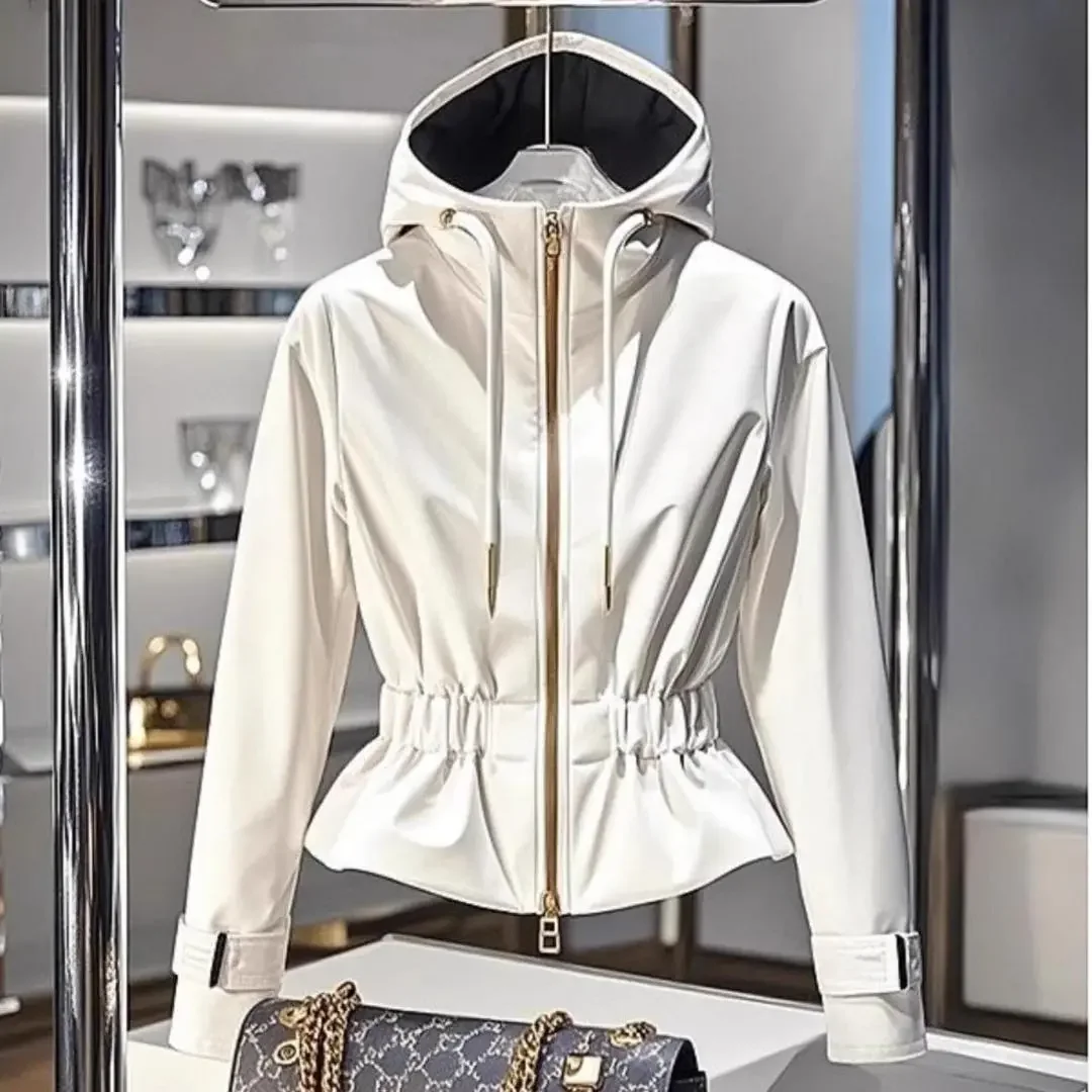 Sudadera con capucha de retales blancos para mujer, chaqueta informal coreana para oficina, abrigo con cremallera en la cintura, elegancia francesa, ropa para mujer 2025