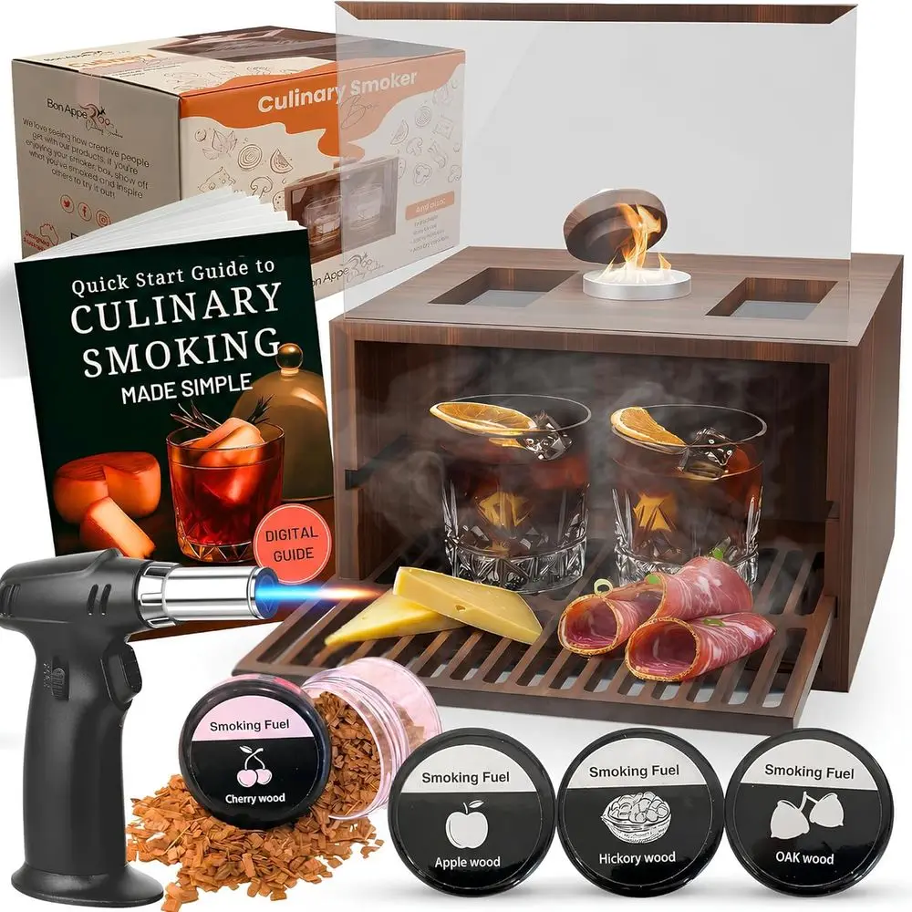 

Portable 2-Glass Smoker Box for Cold Food and Cocktails - Indoor Smoking Kit for Whiskey and Bourbon - Ideal for Drinks and Char