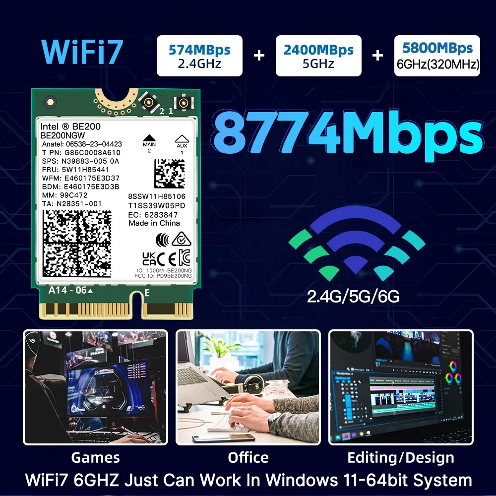 BE200 WiFi7 BE200NGW M.2 Wireless Network Card 8774Mbps Tri Band 2.4G 5G 6GHz Bluetooth5.4 WiFi6E Adapter For PC Windows10 11