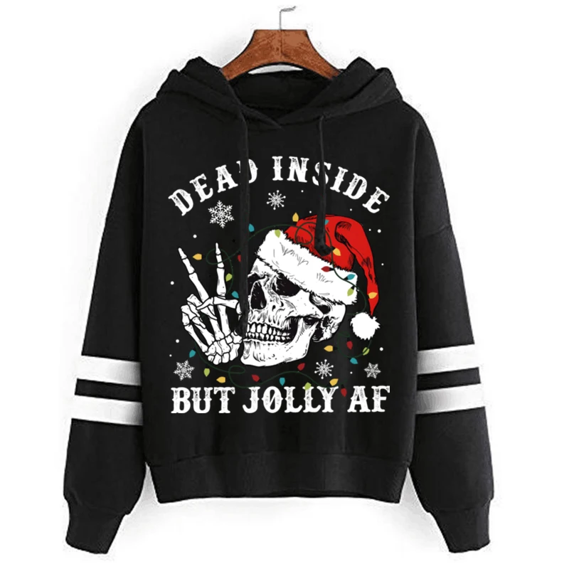 Oversized Hoodie Dead Inside But Jolly Af Christmas Skeleton with Xmas Lights Print Women Hoodies Vintage Aesthetic Sweatshirts