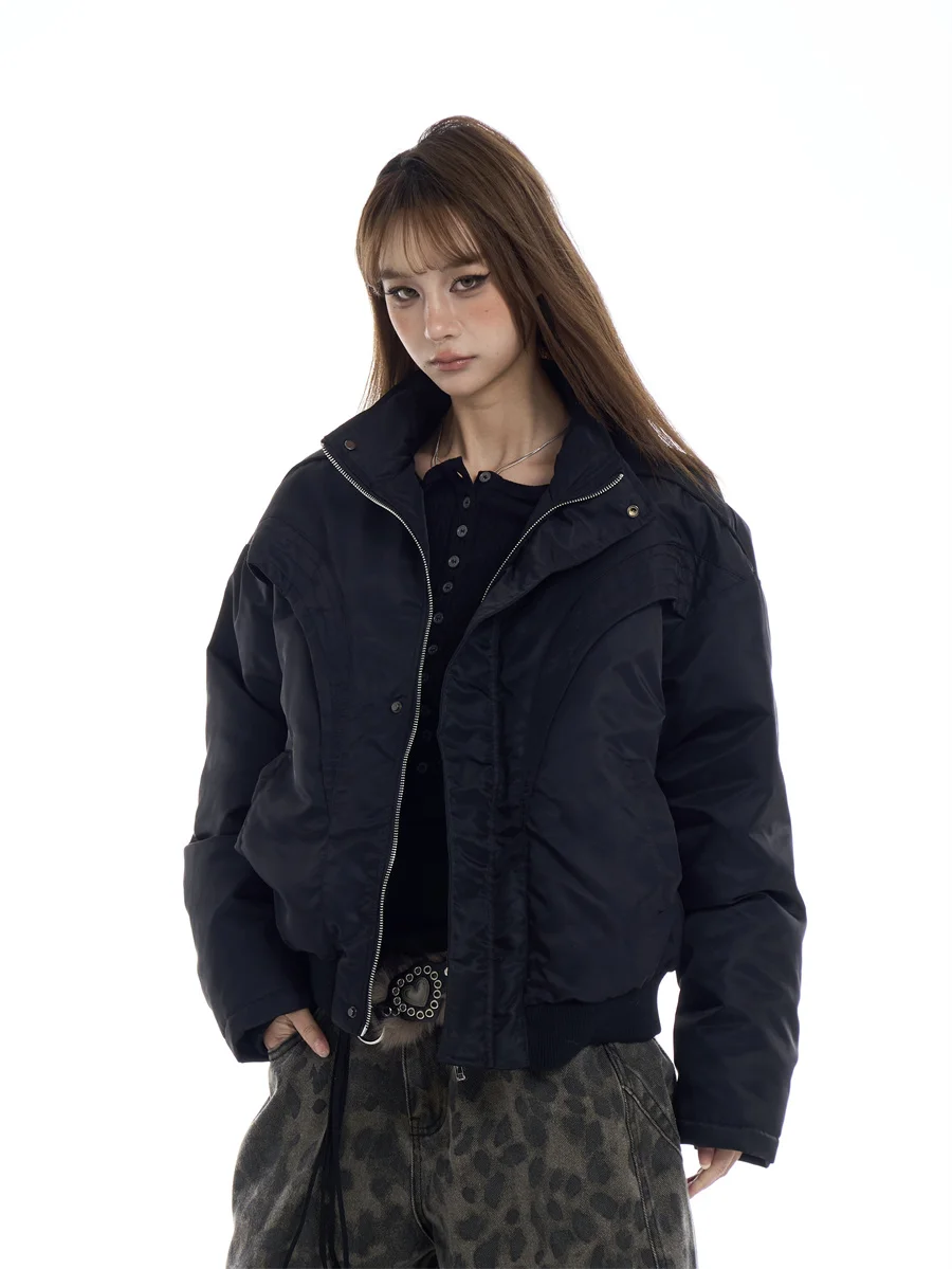 

Retro American Short Style Women's down Jacket White Duck Feather Warm Outerwear Zipper Silhouette Stand Collar Coat