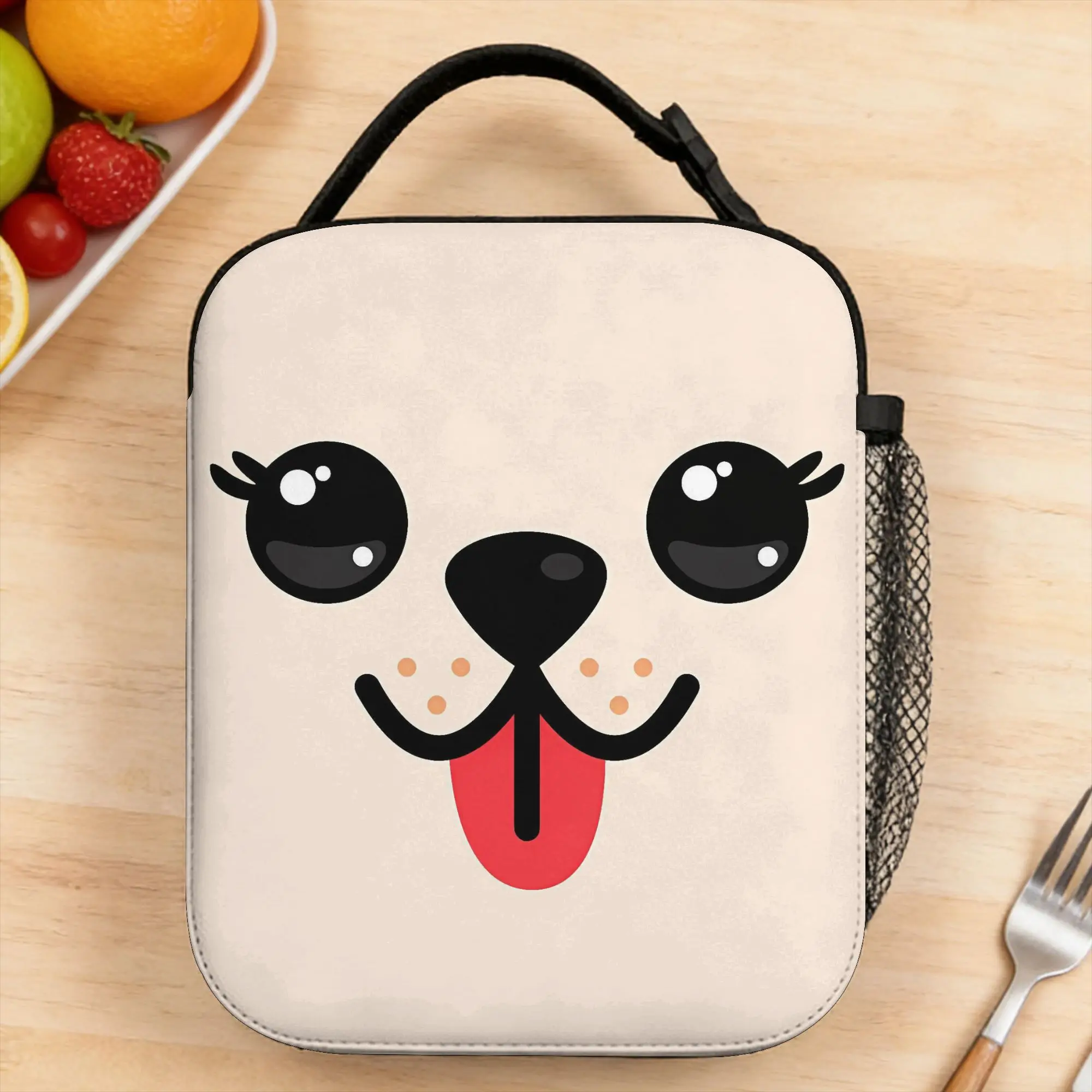 Lunch Bag Light Beige Puppy Face With Tongue Out Outdoor Picnic Lunch Box For Unisex  Casual Portable Zipper Custom Cooler Bag