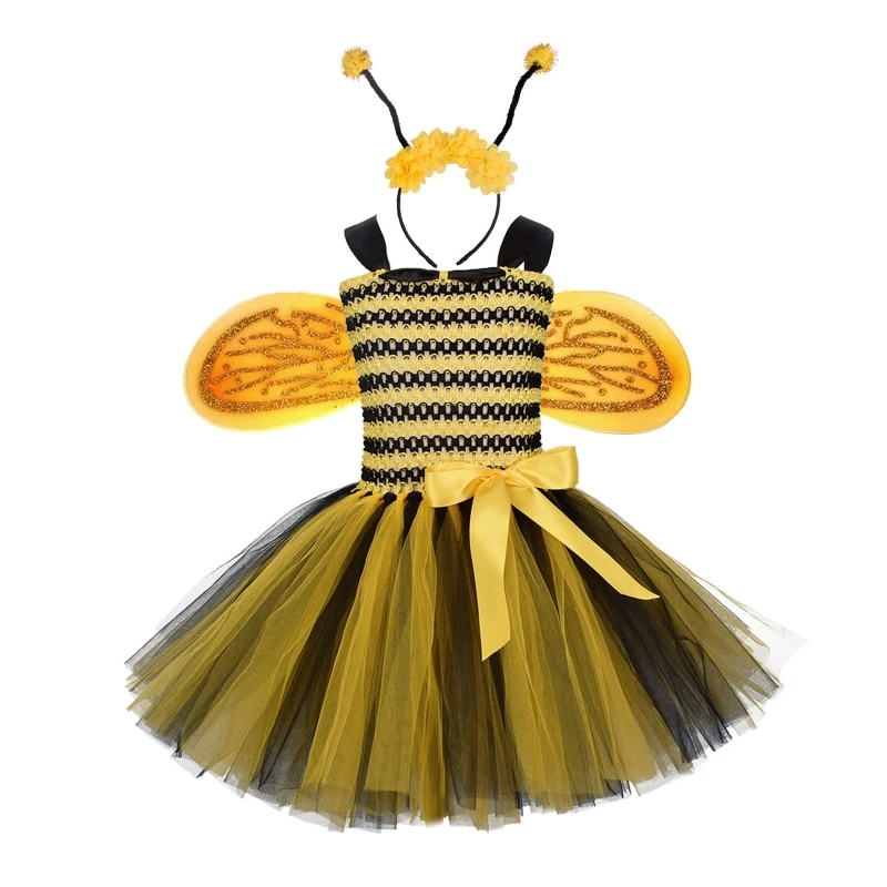 Bee Kostüm Zubehör Set -Bee Ohren Stirnband Flügel Tutu Rock Zubehör Kit für Bee Kostüm für Kleinkinder Kinder Mädchen