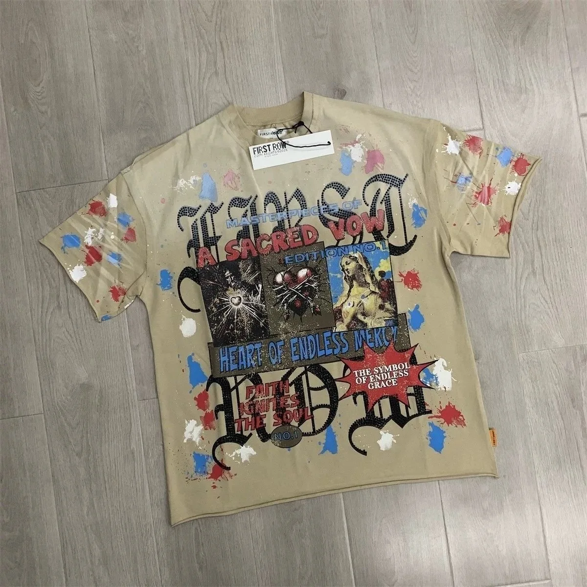 First Row Retro Vintage Beaded Graffiti Short-Sleeved T-Shirt for Loose Fit Round Neck High Street Streetwear Shirt