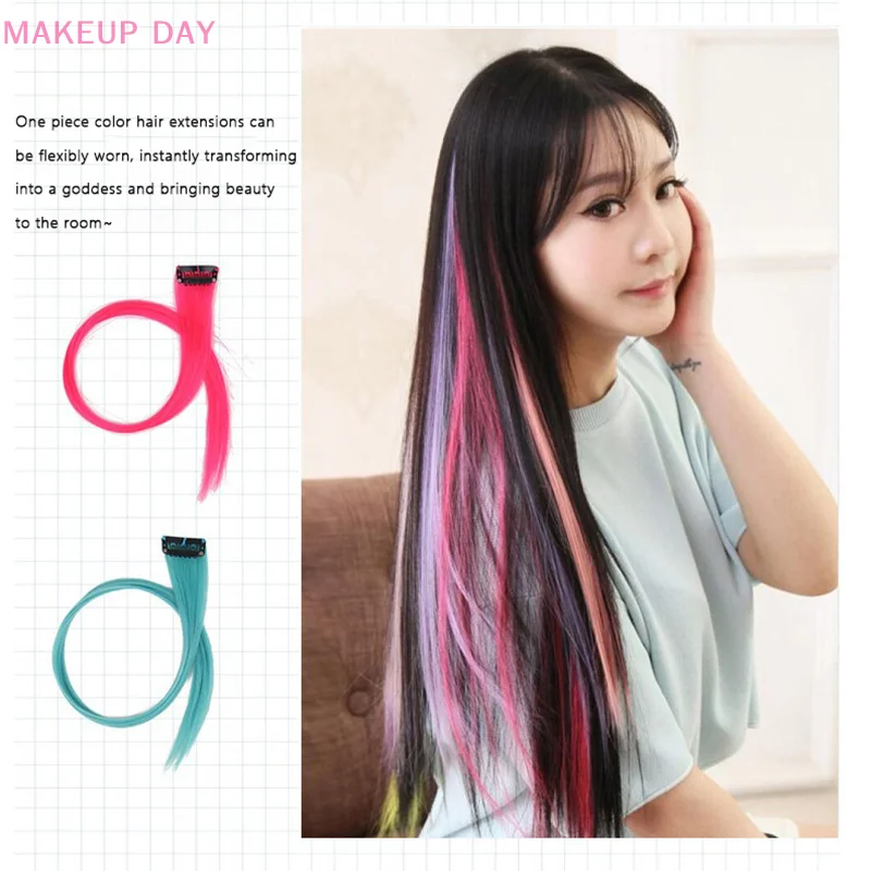 Straight Colored Clip In One Piece Hair Extensions Rainbow Color Synthetic Girls Fake False Clip On Hair Pieces