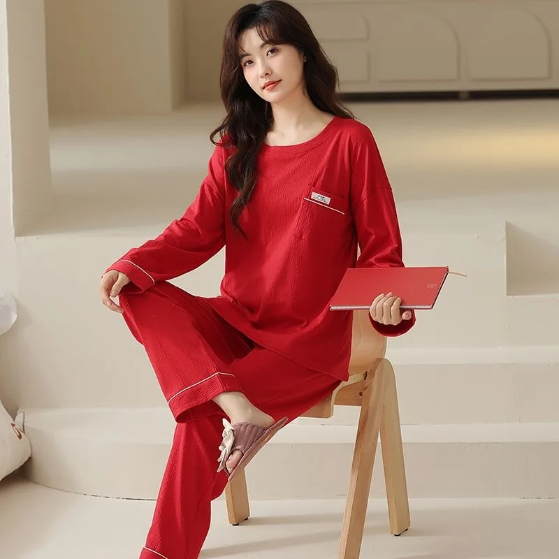 Pure Cotton Long Sleeved Pajamas Women Spring Autumn Winter Sleepwear Red Loose 100KG Home Clothing Set Plus Size Loungewear