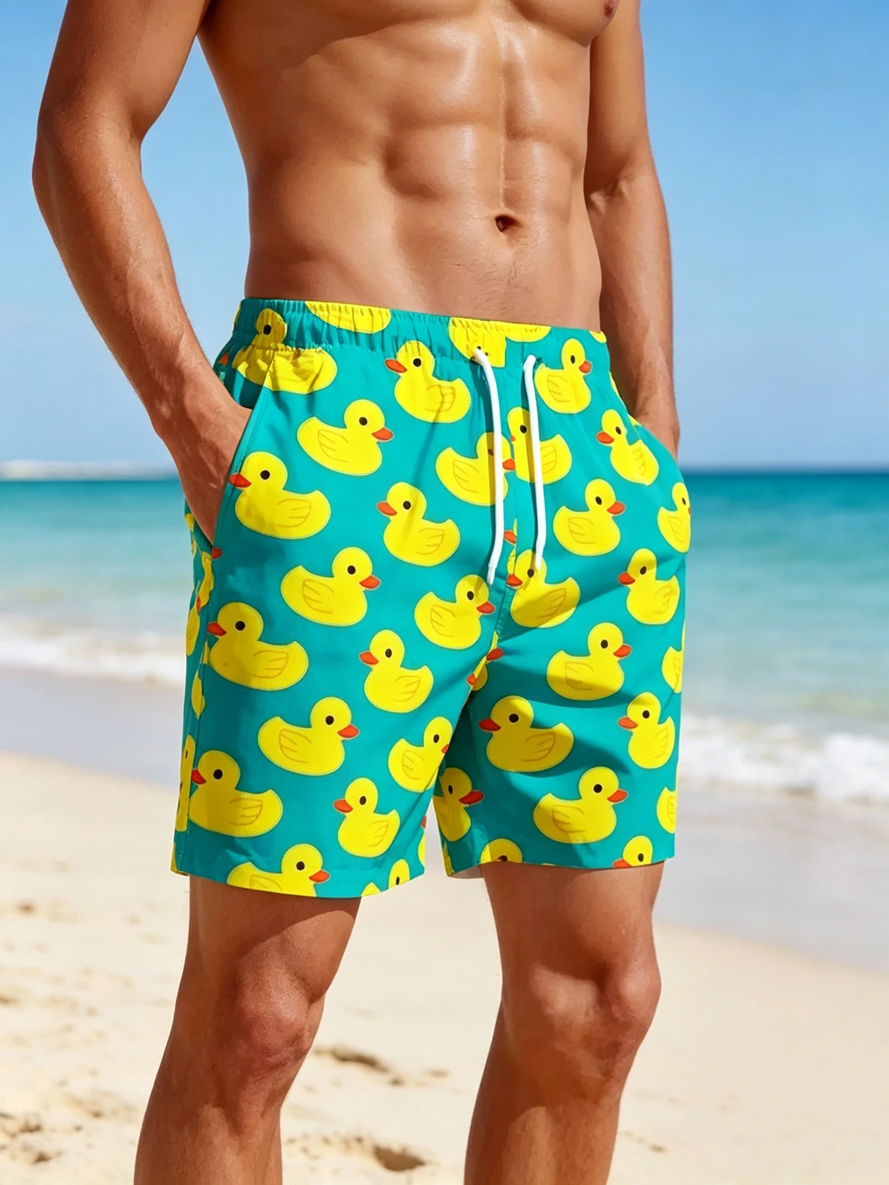 New Men's Shorts Hawaiian Yellow Duck Mens Printing Short Summer New Swim Trunks Elastic Waist 3D Print Breathable Short Pants