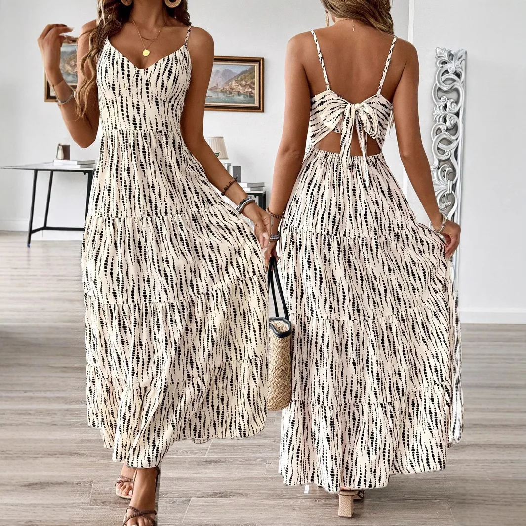 

2026 Summer Women's New Fashion Beauty Holiday Style Suspender Dress Irregular Striped Design Long Skirt for Women
