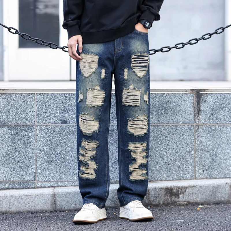 

Men's Wide Leg Jeans Trendy Brand Straight-leg Pants Beggar Ripped New Style Jeans Breathable Comfortable Men's Regular Trousers