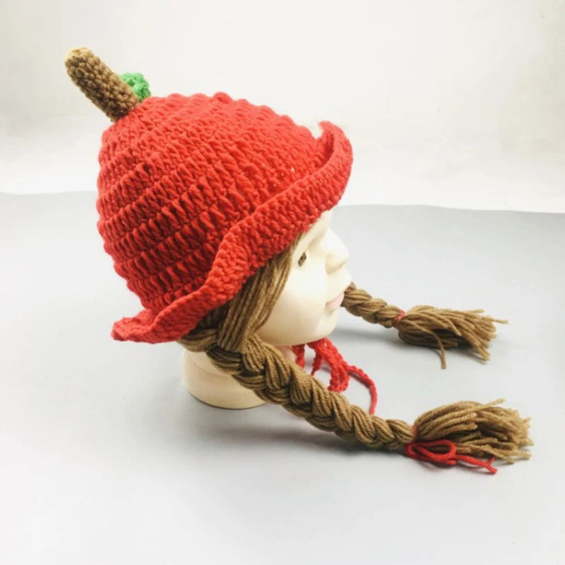 48-52cm Children\'s Knitted Hat Autumn Winter Braid Caps Kids Accessories Ear Protection Wool Apple Ruffle Red Soft Comfortable