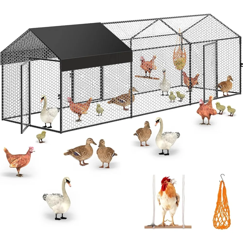 

Large metal chicken coop chicken run with cover, portable poultry cage, outdoor backyard farm animal fence crate pet fence