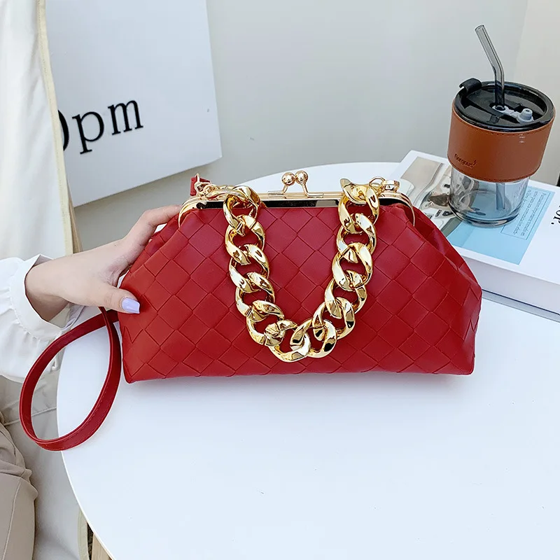 Leather Weave Handbag With Thick Chain Handle Dumpling Bag 2023 New Design Crossbody Bag For Women Luxury Party Cluth Purses