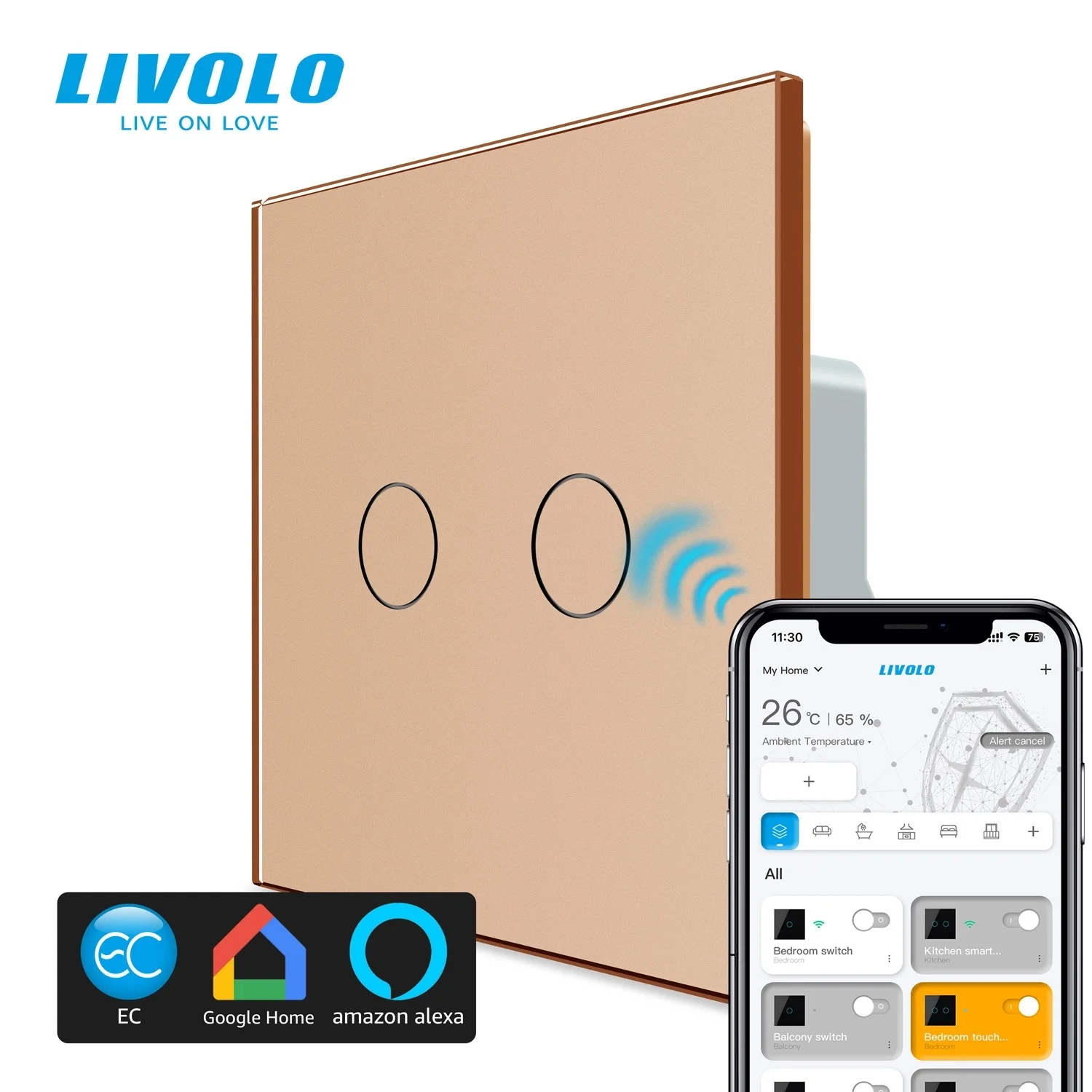 LIVOLO EU Standard Smart EC Light Switch Touch Panel Sensor Alexa Google Home APP Wireless Control, No Neutral Wire,Backlight
