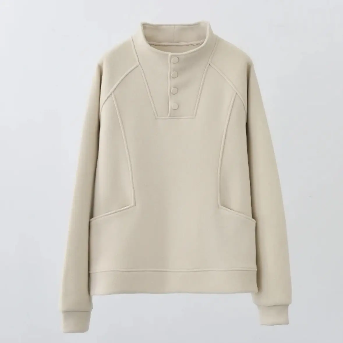 Moletom Feminino com Forro, Ajuste Solto, Gola Alta, Botões, Detalhe Coreano, Casual, Confortável e Versátil