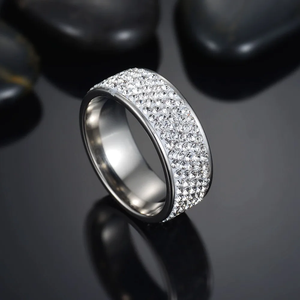 5 Row Lines Clear Crystal Wedding Rings For Women Fashion Rhinestone Stainless Steel Female Teen Engagement Finger Jewelry