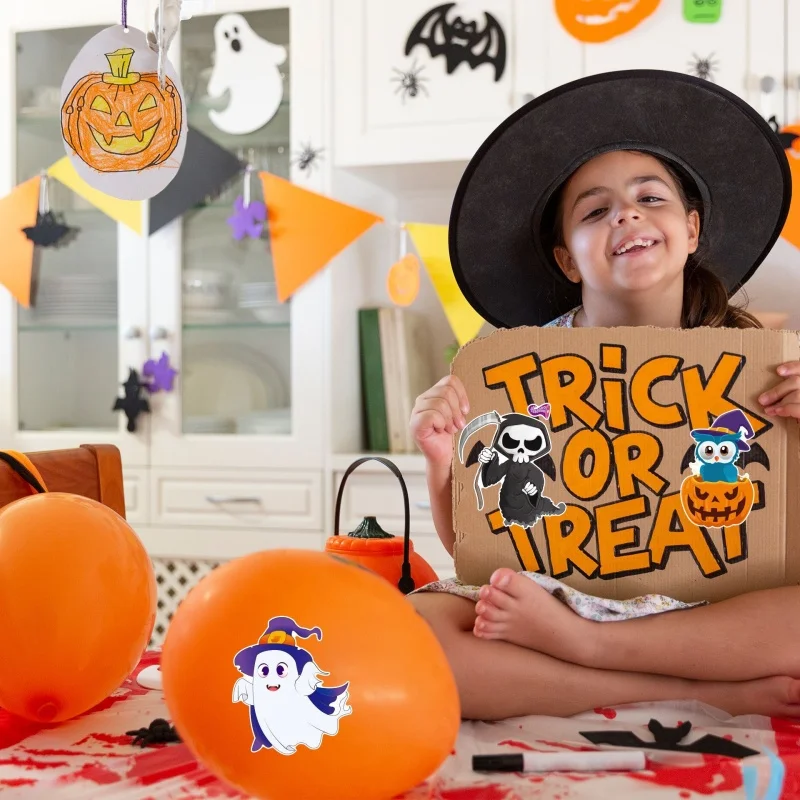 ハロウィン クラフトステッカー 子供 男の子 女の子 パーティー 記念品 フェイスステッカー デザイン入り 魔女 ヴァンパイア カボチャ ゴースト DIY おもちゃ