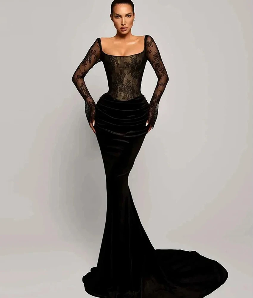 

MCDV Customized Graceful Velvet Mermaid Lace Evening Dress High Quality Square Neck Long Sleeves Floor Length Prom Gowns