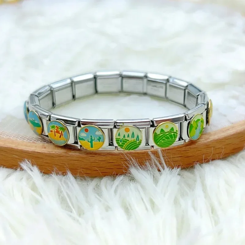 

Wholesale Women Fashion Landscape Pattern Italian Charm Fit 9mm Stainless Steel Modular Bracelet Gift Jewelry