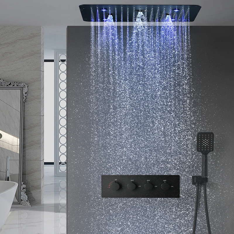 

Thermostatic LED Shower Faucets Set 20'' Rainfall Mist Shower system Black surface