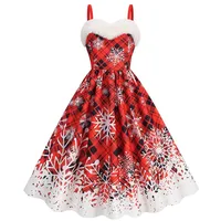Vestido Sexy de Navidad con tirantes finos para mujer, cuello de piel sintética, fiesta navideña, estampado de copos de nieve, disfraces de Cosplay, vestido Vintage