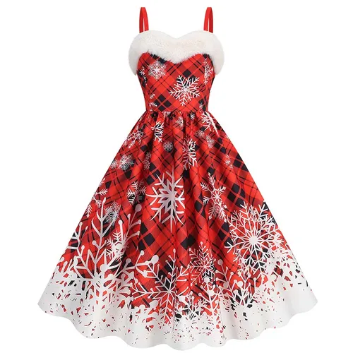Imagen 1 del producto Vestido Sexy de Navidad con tirantes finos para mujer, cuello de piel sintética, fiesta navideña, estampado de copos de nieve, disfraces de Cosplay, vestido Vintage