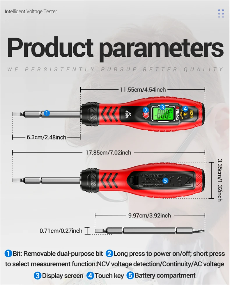 Spannungsprüfer Elektrischer Teststift NCV Schraubendreher ANENG B29 30-1000V AC Detektor Doppelte Hintergrundbeleuchtung Summer Automatische Abschaltung Isolierter Tester – Detail 11