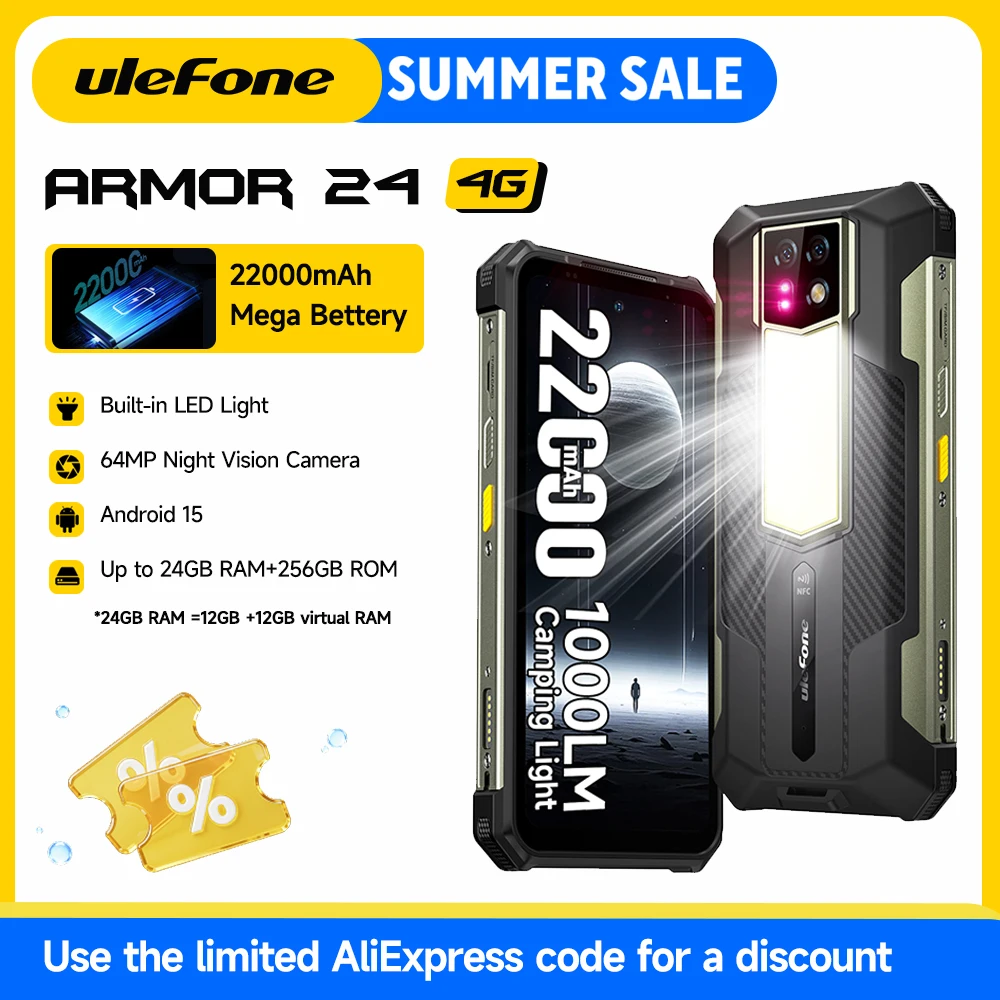 Ulefone Armor 24 Rugged Smartphone 22000mAh Android 15 LED Camping Light 64MP Night Vision 24GB+256GB 6.78'' 120Hz 4G Global