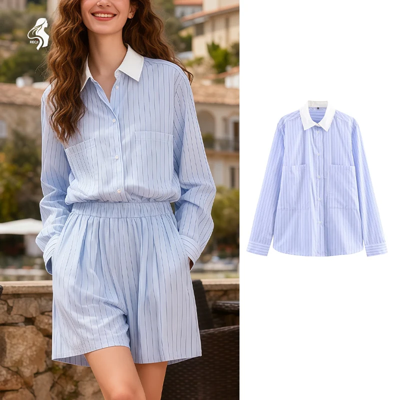 

Womens Fashion Striped Shirt Contrasting Collar Single Breasted Striped Shirt Comfortable And Versatile Casual Fall Outfit