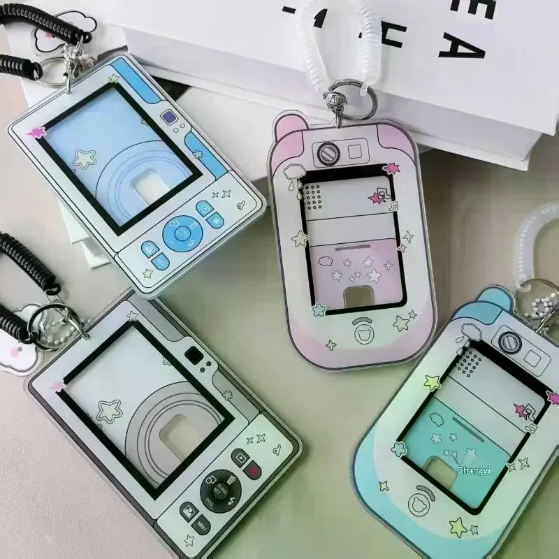 Cute Camera Shaped Acrylic Photocard Holder With Coil Lanyard Clear Window Anti Drop Design For Kpop Fans Collecting Idol 1Pcs